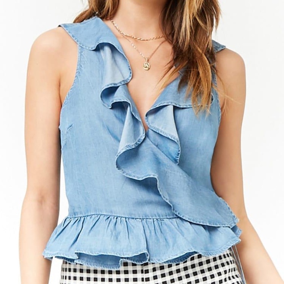 Forever 21 Chambray Flounce Wrap Top NWT - Picture 1 of 5